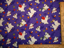 Halloween Fabric 1 1/4 Yard Ghosts Pumpkin Candy Metallic Gold Purple Cotton Vtg