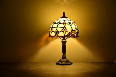 Tiffany Style Table Lamp Beige Baroque Stained Glass Antique Night Light H 14''