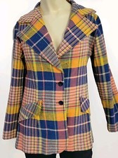 VTG Retro Tartan Plaid Blazer Women  s Suit Button Jacket Yellow Blue Wool S/M