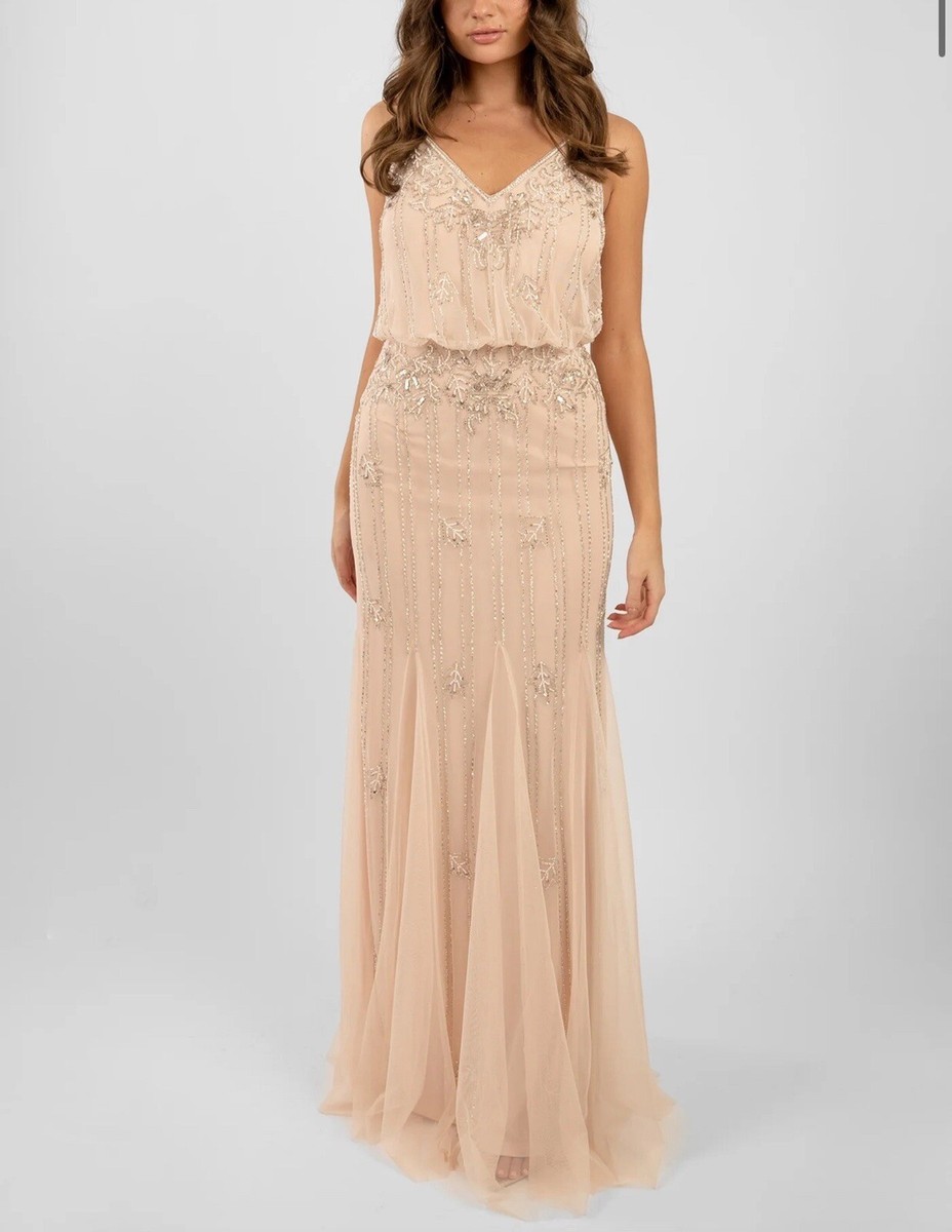 Lace and Beads “Keeva” nude Prom dress maxi long size blush pink