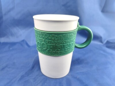 2008 Starbucks Coffee Mug White Ceramic Cup Green Silicone Rubber Handle 12  oz | eBay