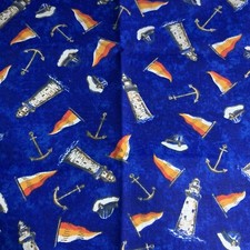 FQ Lighthouse Captain Hat Flag Sail Anchor Blue Water Cotton Fabric fat quarter