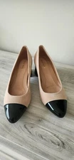 Two-toned designed beige suede body and black patent leather cap toe flats