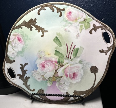 Antique O&EG Royal China Bavaria Plate Signed Jann Pink Roses Gold Edge Handles