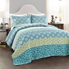 Bohemian Stripe Reversible Cotton Quilt Set, 3 Piece Set, Full/ Queen, Blue ...