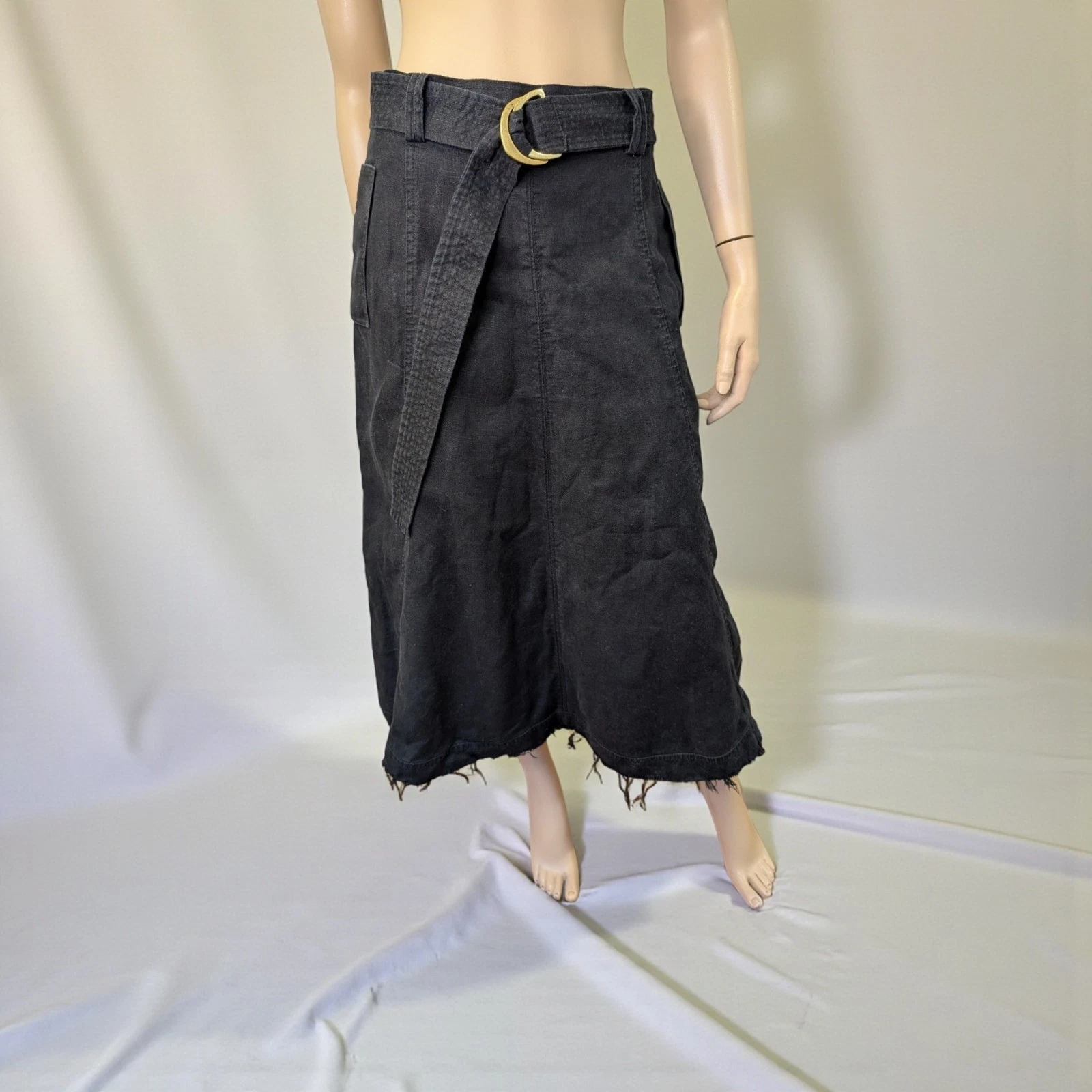 AJE Black Linen Midi Skirt Size 10 Belted Gold Crescent Hardware Raw Hem Casual