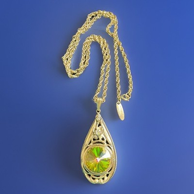 Vtg Whiting Davis Watermelon Rivoli Rhinestone Gold-Tone Pendant Necklace 21 