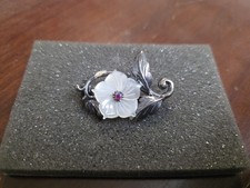 VTG Carved Mother of Pearl Flower Pendant With Rubies? And 925 Silver MOP