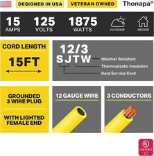 15 Ft Lighted Outdoor Extension Cord -3 Power Outlet-12/3 SJTW Heavy Duty Yellow