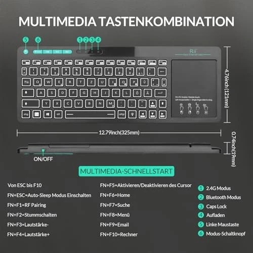 Bluetooth 5.0 Tastatur mit Trackpad | 2-LED-Beleuchtung | Deutsches Layout - Bild 4 von 4