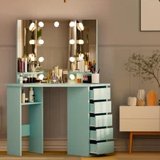 Corner Vanity Desk with Mirror, Lighted Makeup Vanity Table with 5 Drawers SALE