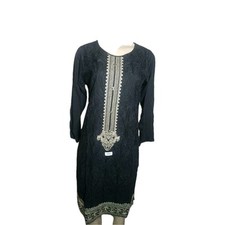 Dars Embroidered Long Tunic Decorative Black Gold Small Pullover Top Kurta Kurti
