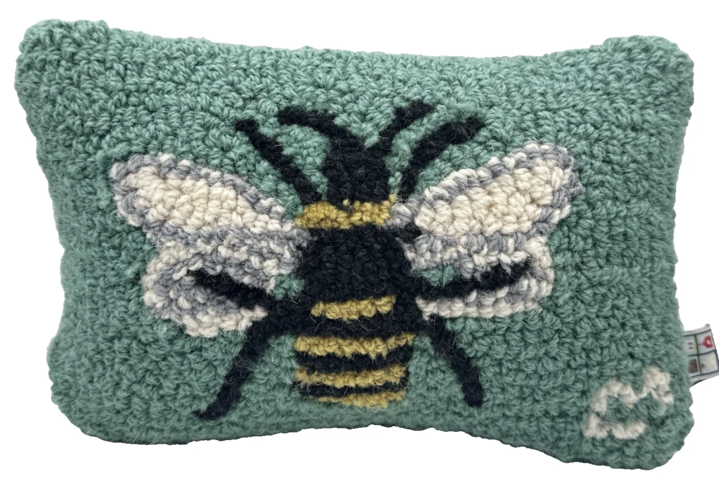 Laura Megroz Chandler 4 Corners Wool Hand Hooked HONEY BEE Pillow 12” X 8"
