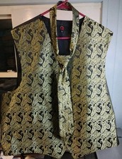 Q Brand 3XL Vest Black With Green Paisley Matching Neck Tie Olive Prom Tuxedo