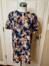 J.Crew Dark Blue & Cream Floral Patterned Short Sleeve Shift Dress, Size M
