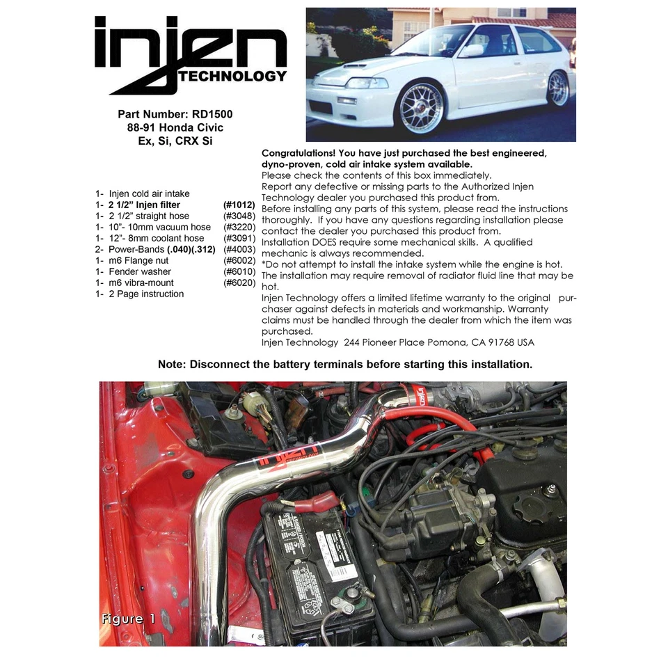 Entrada de aire frío de aluminio negro Injen RD1500BLK para 88-91 Honda Civic EX Si 1,6 L Foto 4 de 4