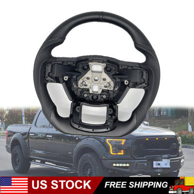 Black Sports Flat Steering Wheel V2 Black Ring Fits for 2015-2020 Ford F150 US