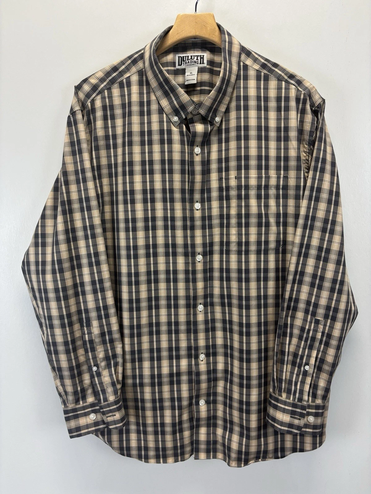 Duluth Button Down Shirt Mens XL Tan Grey Check Wrinkle Fighter Long Sleeve