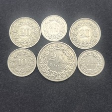 10, 20 Rappen + 1/2 And Two Franc Helvetia Coin Swiss Switzerland lot of 6 #014