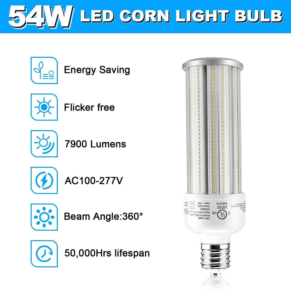 54W LED Corn Light Bulb 5KK Daylight Warehouse Workshop High Bay Lamp E39 Base - Image 3 of 4