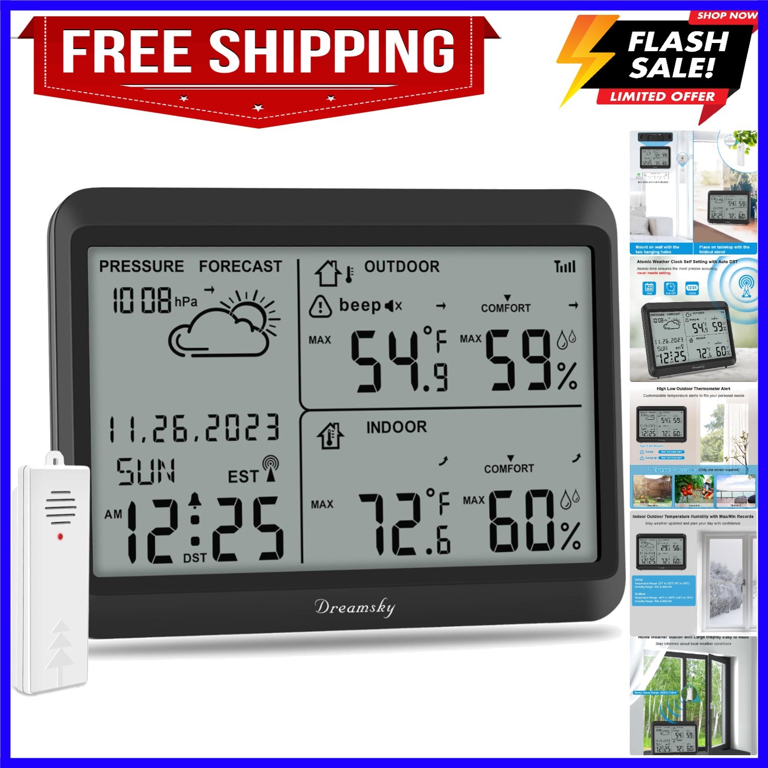 Indoor Outdoor Thermometer Wireless - Atomic Clock With Indo