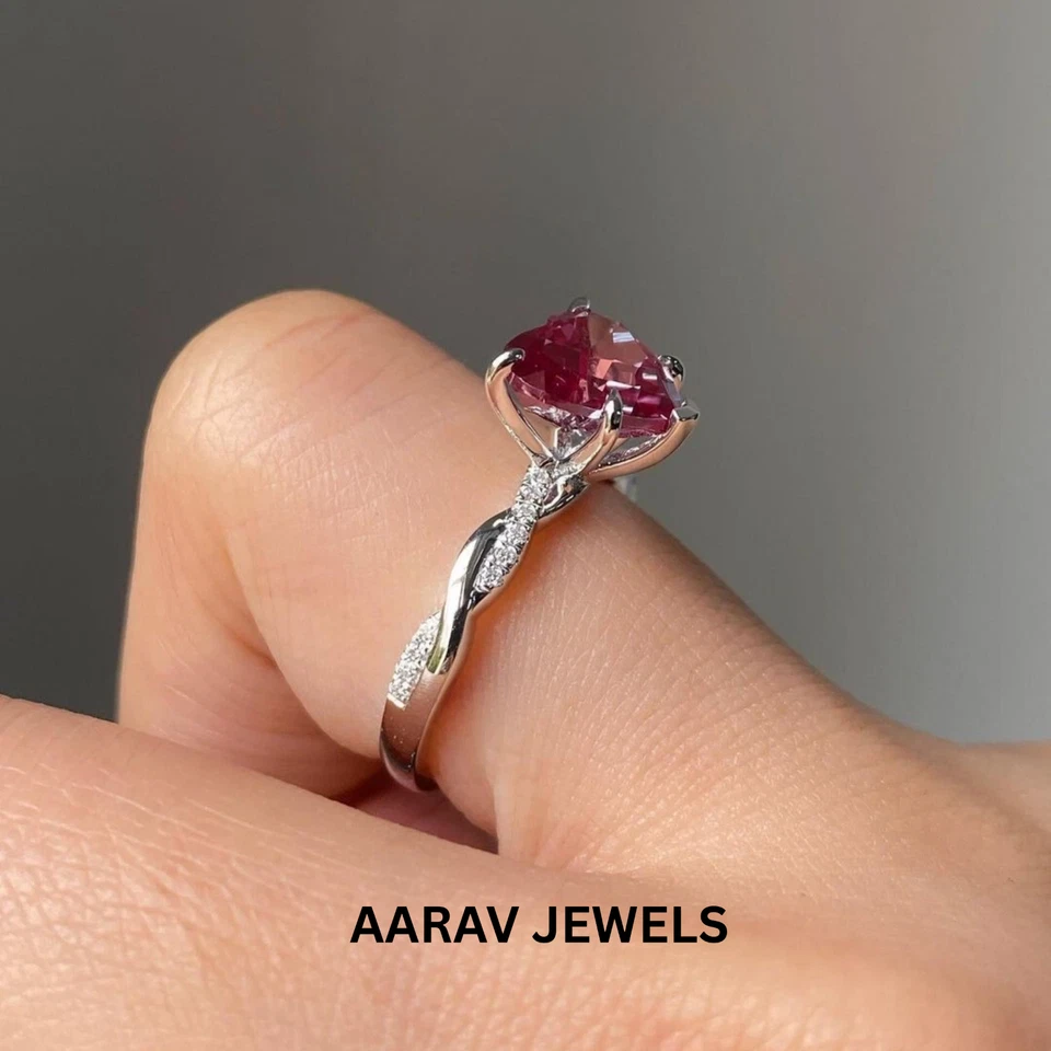 2 克拉心形天然粉红色红宝石单颗订婚戒指 14K 镀白金 — 第 3/4 张图片