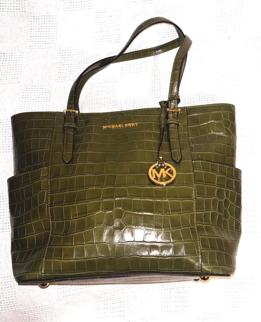 Michael Kors Olive Green Crocodile Embossed Tote Bag with Gold