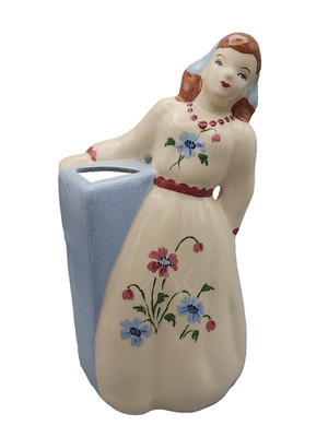 Lady Vase 1940s Weil Ware  Pottery Woman In White Dress Scarf Flowers Planter10''