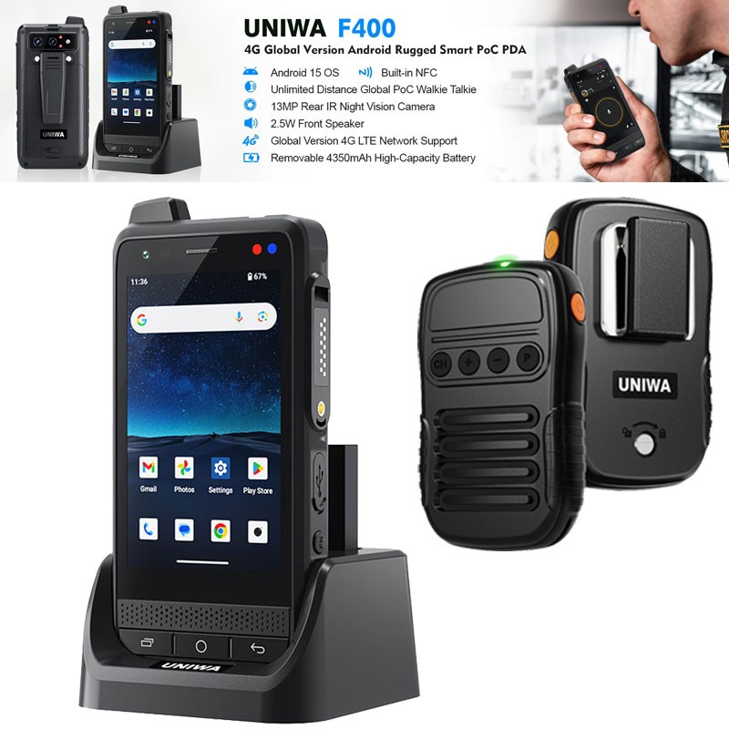 4G Android 15 Rugged Phone Walkie Talkie Radio PTT ireless Microphone UNIWA F400