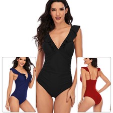 Women One Piece V Neck Swimsuits Tummy Control Bathing Suit Ruffle Swimwear Slim