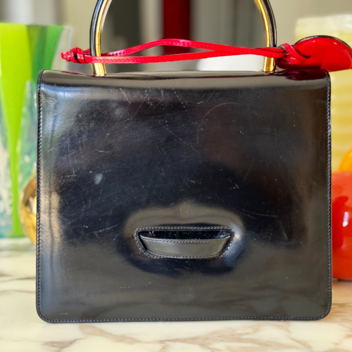 1990s MOSCHINO BAGS by Redwall black patent leather handbag w/ red