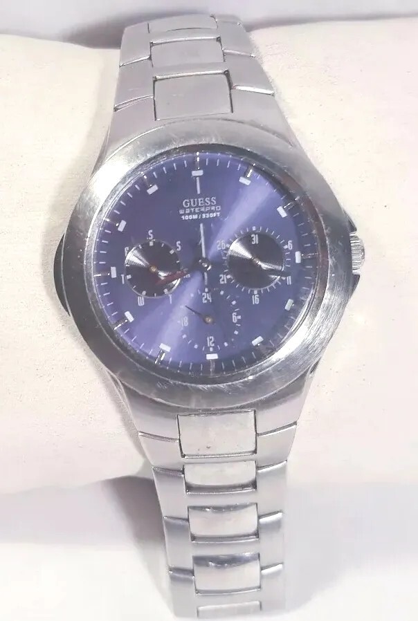 Men Guess Waterpro Watch G85734g Blue Face Silver Case Steel