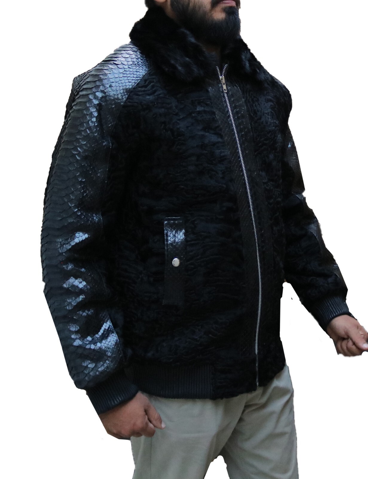 Black Real Persian Lamb Fur Jacket Coat Real Python Sleeves Mink Fur Collar Coat image 4