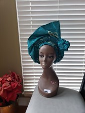Aso-Oke African Headtie Auto Gele, Ready Made Gele Teal with Ivory embroidery 
