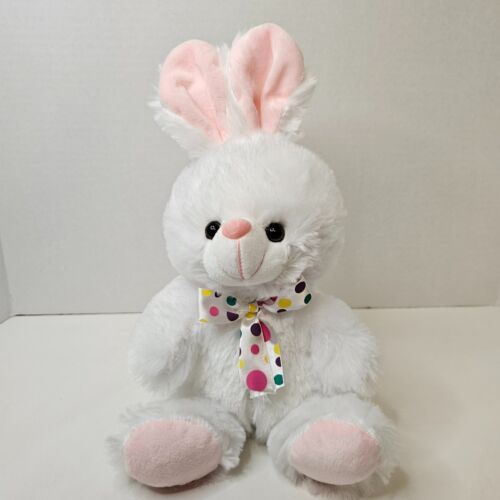 Megatoys White Pink Bunny Rabbit Plush Polka Dot Ribbon Stuffed Animal Toy - Picture 1 of 13