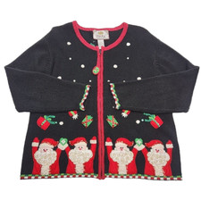 Tiara International Sweater Christmas Santa Black Full Zip Women Sz Large Beaded