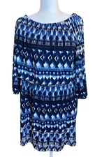 AB Studio Print Peasant Blouson Dress Blue Print Women's XL NWT MSRP$54