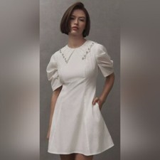 Anthropologie BHLDN Puff Sleeve Embellished Collared Mini Dress in Ivory
