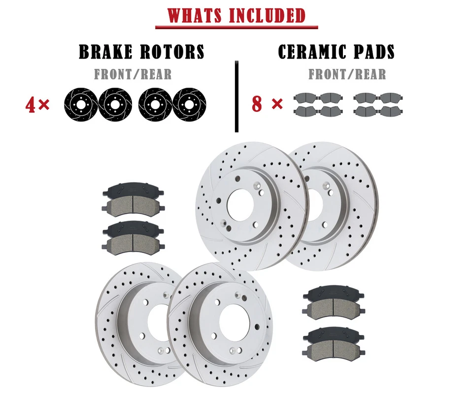 Kit de pastillas de rotores de freno delanteros y traseros perforados ranurados aptos para Kia Forte 2014-2016 Foto 4 de 4