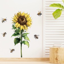 Watercolor Sunflower Bee Flower Wall Stickers, sacinora Floral Art Wall Decal...