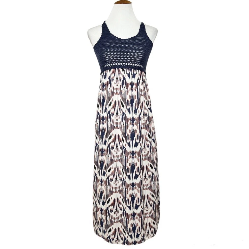 Vestido maxi Ella Moss azul marinho crochê Ikat aquarela boho longo bainha dividida XS - Imagem 2 de 4