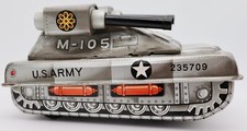 Vintage Tin Litho Friction US Army Tank M-105 Toy 2 Guns Japan Hisimo HTC 