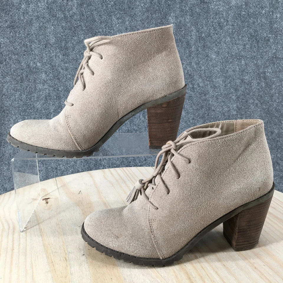 Botas restringidas para mujer 6,5 borlas con cordones botín al tobillo color topo imitación gamuza tacones Foto 2 de 4