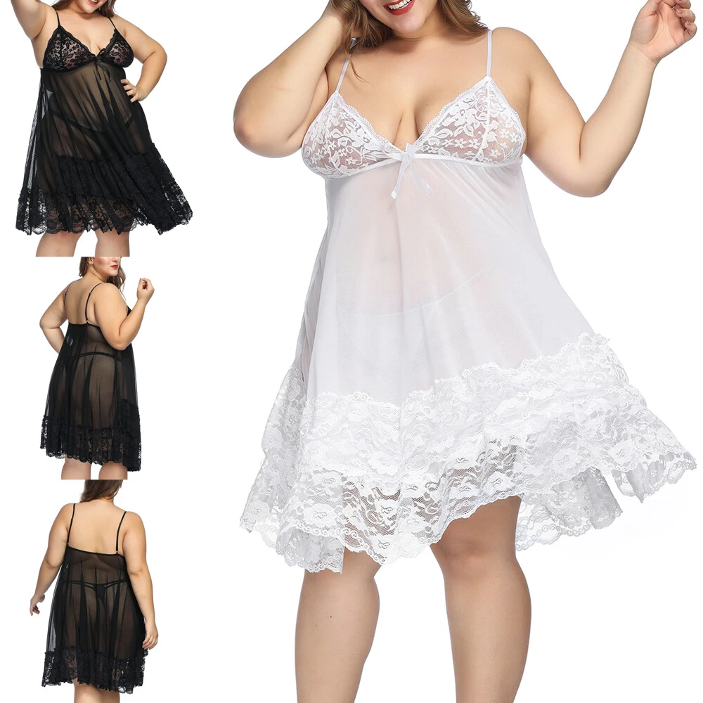 Plus Size Sexy Lace Night Dress Mulheres Ver através de Malha Sexy