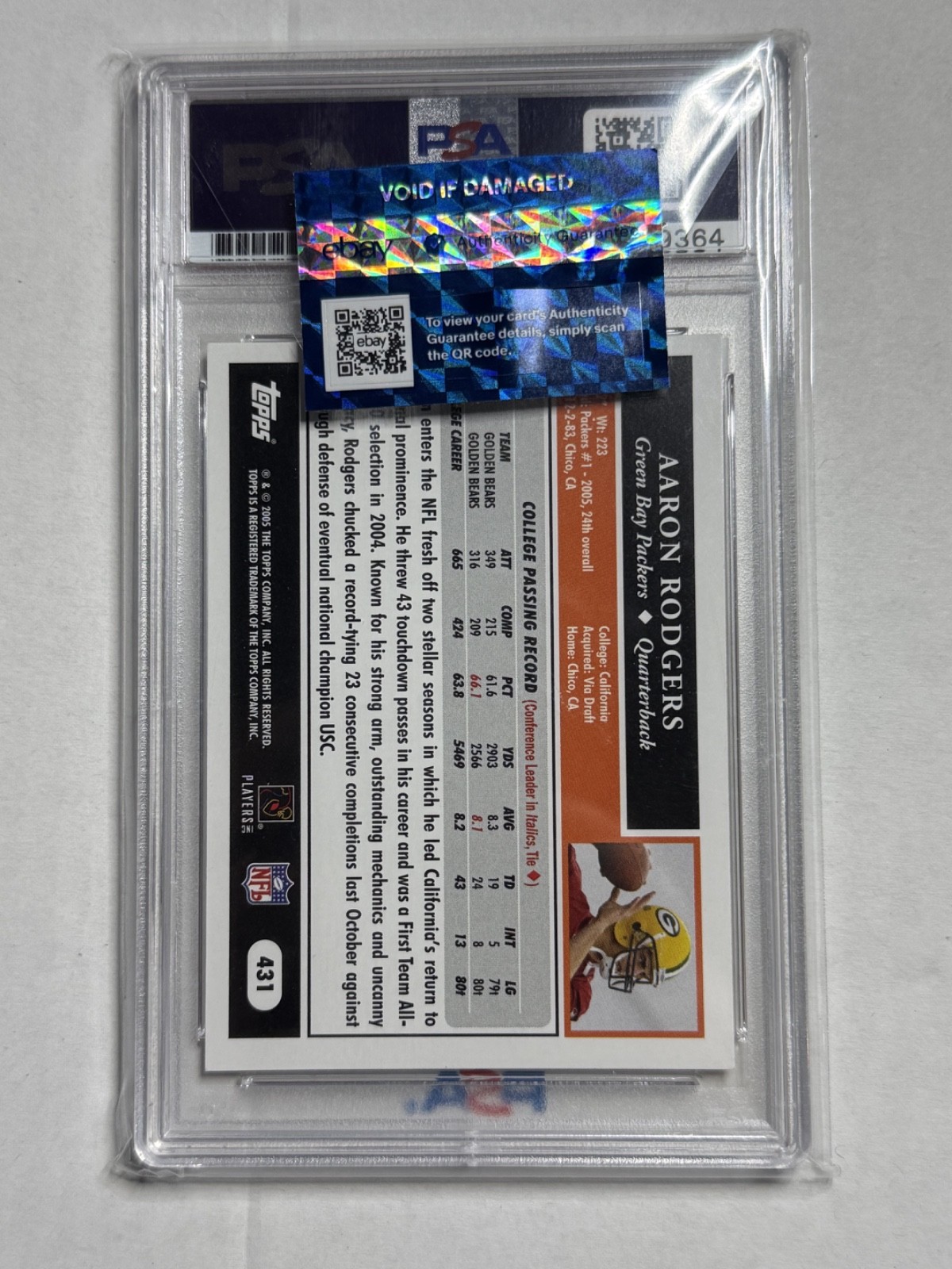 Aaron Rodgers Auto PSA/DNA Authentic 2005 Topps Rookie Card Packers signed RC view 2