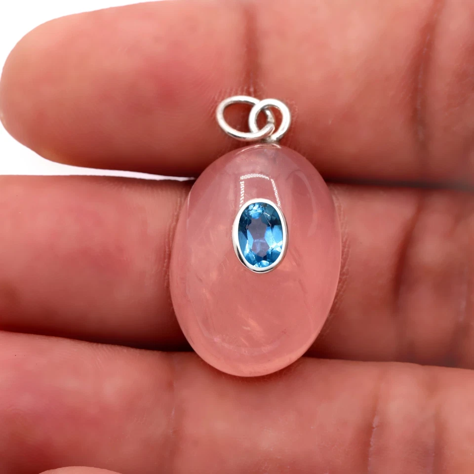 Naturale Quarzo Rosa & Topazio Blu 925 Pendente Argento Sterling Mano Gioielli - Immagine 3 di 4