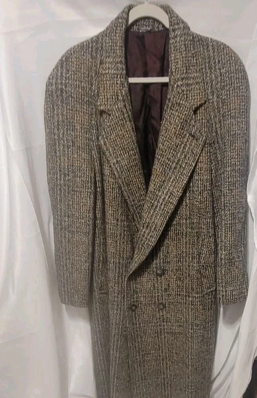 Vintage 1980’s Wool BlendHerringbone Tweed Long Double Breasted Mens Coat 40 - Image 2 of 4