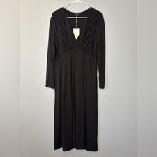Quince NWT Tencel Jersey V-neck Long Sleeve Midi Dress w/ Smock Details Black L