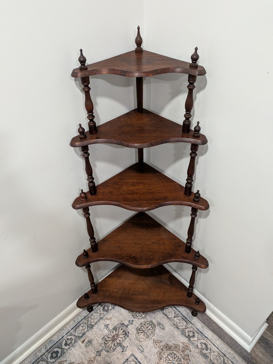 Antique Dark Wood Corner Shelf 5-Tier Spindle Victorian French
