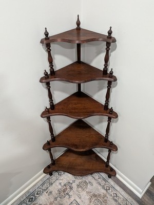 Antique Dark Wood Corner Shelf 5-Tier Spindle Victorian French